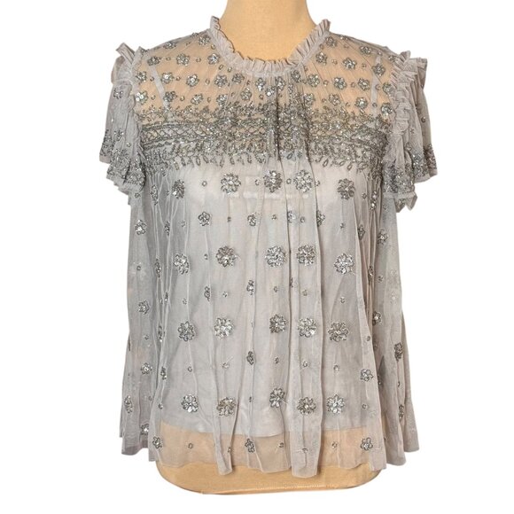 Needle Thread Heavily Beaded Top Sz XS Gray Embellished By Hand Luxury Event - Picture 2 of 16